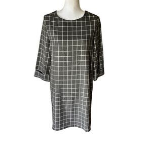 Croisière un dix cors Windowpane Plaid Shift Dress Gray White 3/4 Sleeve Size M